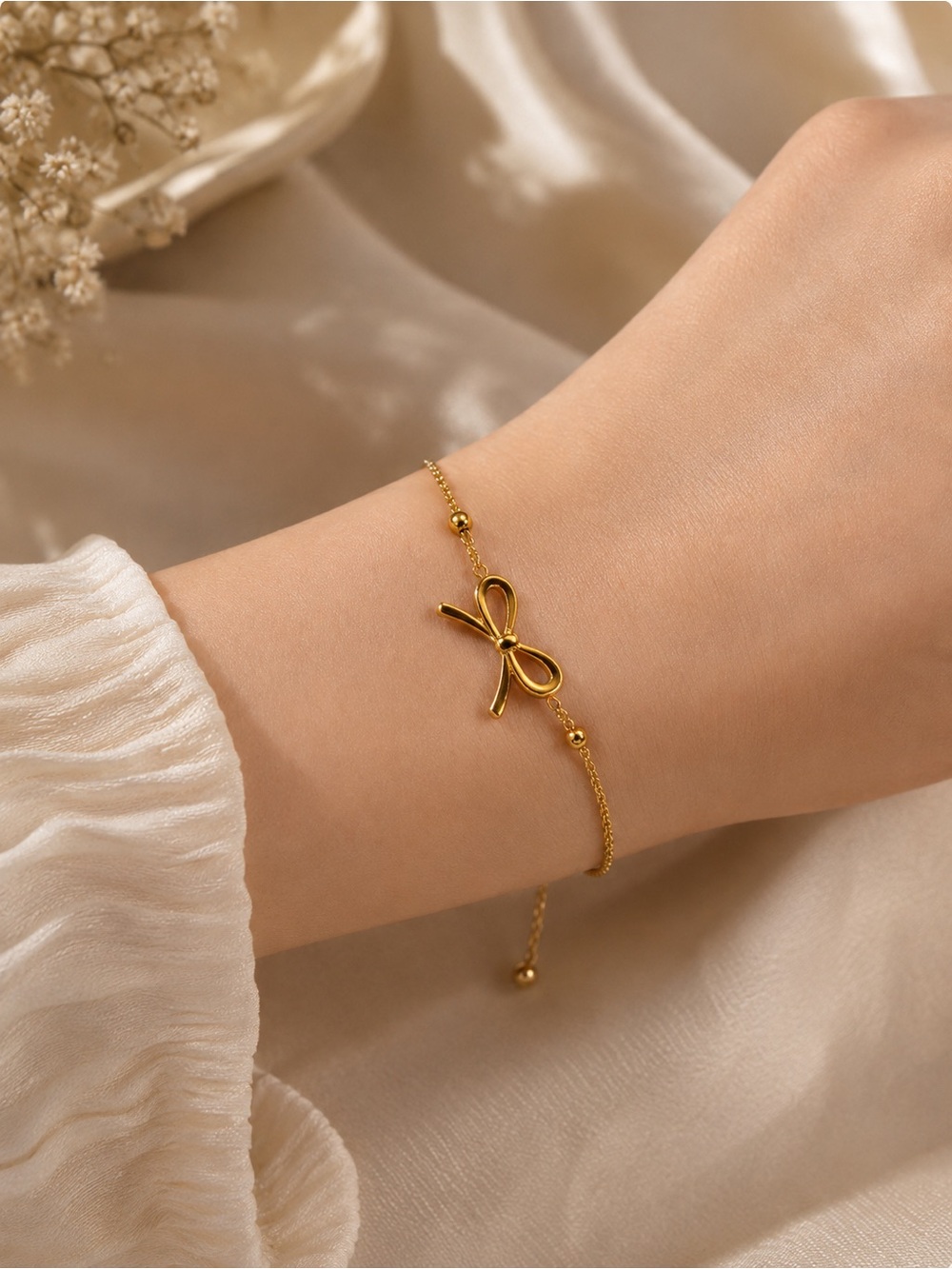 #172 18K Gold Plated Stainless Steel Women's Bow & Flower Chain Bracelet